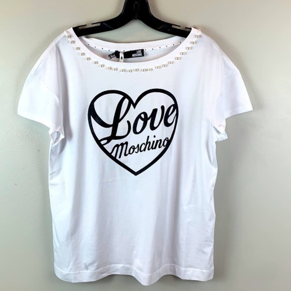 Authentic Love Moschino Faux Pearl Embellished Glittered Tee NWT - Picture 9 of 14